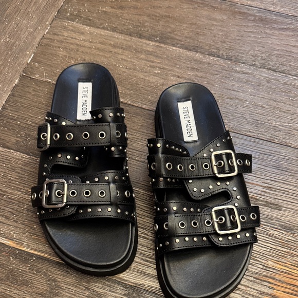 Steve Madden Black Double Buckle Slides - Picture 1 of 1